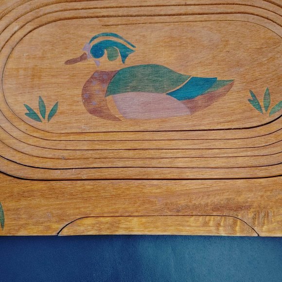 Duck Collapsible Wood Spiral Cut Basket Fruit Bowl Trivet w/ Duck Accent 14.75" - Picture 6 of 9